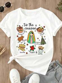 ropa de mujer Tis The Season Camiseta de mujer para Navidad mexicana con estampado de la Virgen de Guadalupe y alimentos tradicionales para regalo navideño Ropa festiva de invierno camisas de mujer - Blanco - Ver 2
