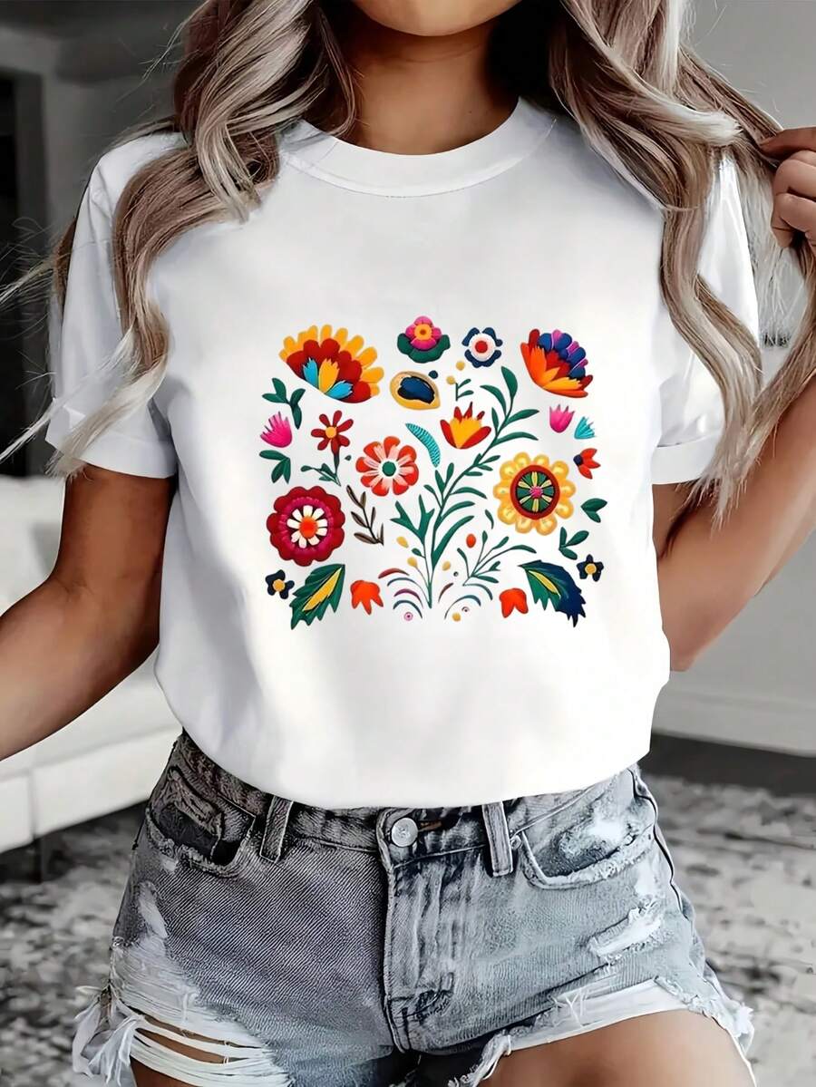 Playera nueva temporada primavera-verano para mujer, con estampado, manga corta y cuello redondo. Modelo básico, cómoda, fresca y ligera, estilo juvenil, moderno y casual. Diseño dulce y delicado, ideal para combinar en primavera y verano. - Blanco - Ver 1