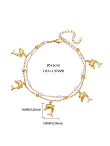 1 chiếc vòng chân hai lớp hình sao biển và ngọc trai bằng thép không gỉ mạ vàng 18K, phụ kiện đi biển mùa hè, quà tặng hàng ngày cho phụ nữ - Vàng - Xem 12