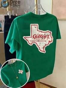 Vintage Casual Style Short-Sleeved T-Shirt, With A Print On The Front And Back, Featuring A Map Of Texas And The Word "Gilley's", Suitable For Everyday Summer Wear, Ideal As A Gift For Couples And Friends. - 綠色 - 查看 12