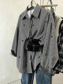 Blusa de mujer, estampado de rayas de fresa, diseño fresco y ligero, camisa estilo Ins, blusas de mujer holgadas de manga larga casual de doble uso, regalo para la mejor amiga y la novia, otoño/invierno, graduación, maestras, vuelta al cole - Negro - Ver 5