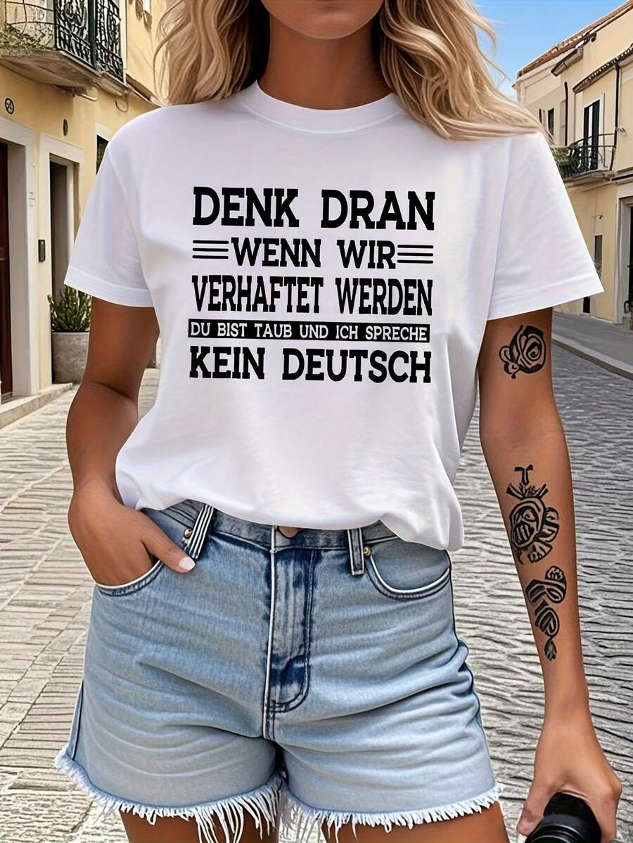 Camiseta con temática humorística y satírica, top casual de manga corta y cuello redondo, ropa de mujer para primavera/verano. - Blanco - Ver 1