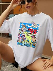 Colorful Graphic Featuring Classic Cartoon Characters Of Adventure And Friendship With A Retro Background From 1995, Full Of Energy And Nostalgia. Comfortable Casual Women's T-Shirt For Everyday Wear. - 白色 - 查看 6