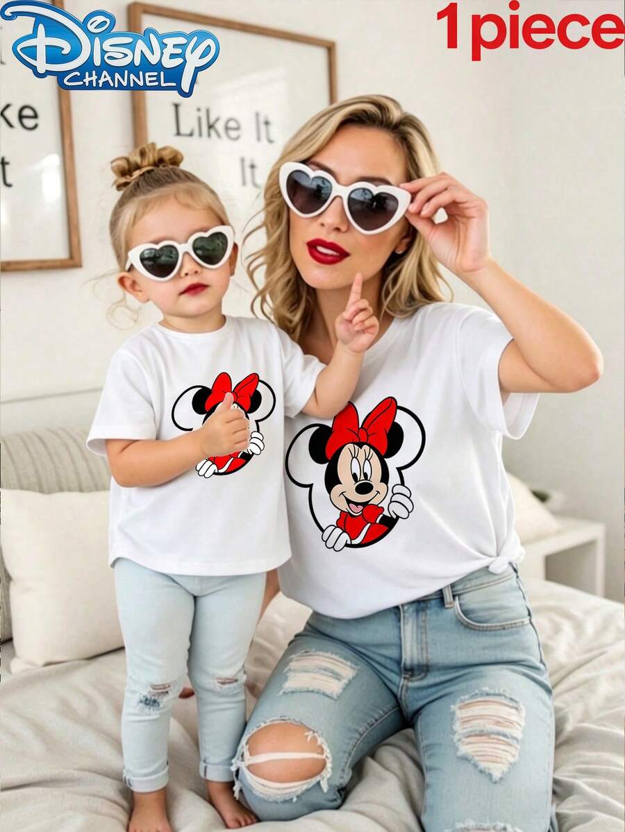 Disney 1pc Girls Casual Minnie Mouse Red Bow Peeking Print Short Sleeve T-Shirt Mommy And Me Matching Outfits Clothes For Girls Summer - trắng - Xem 1