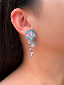 1 Pair Symmetrical Blue Turquoise And Pink Cubic Zirconia Long Flower Leaf Shape Dangle Drop Earrings For Women Daily Party Engagement - Turquoise - View 6