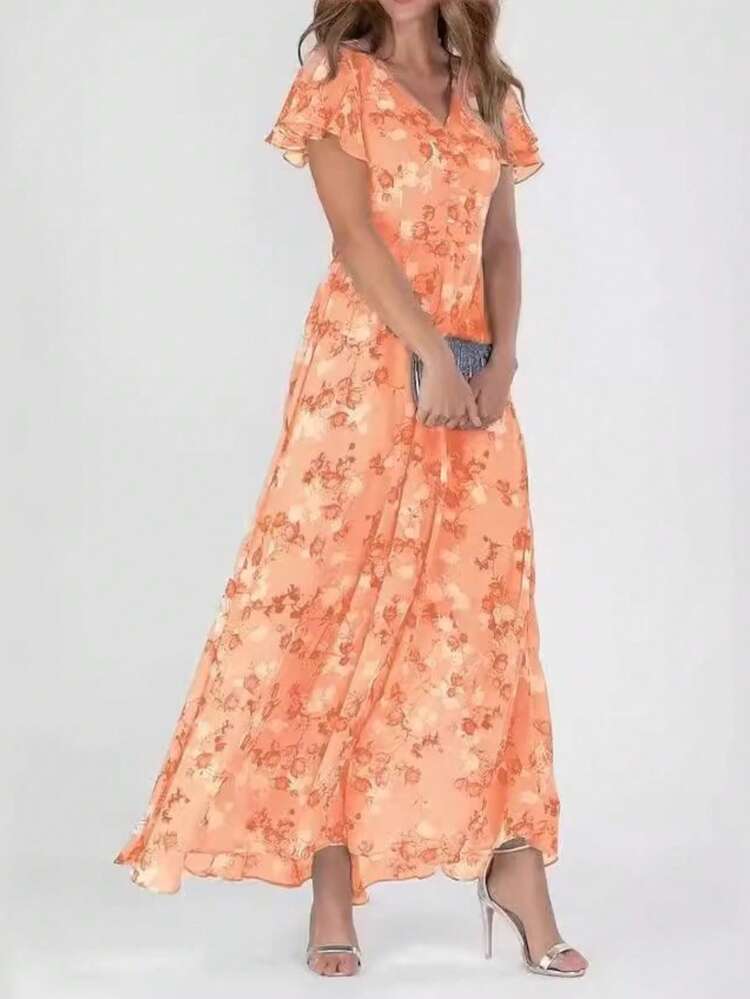Elegant V-Neck Short-Sleeve Printed Dress With Fitted Waist, European-Style Office Flattering Dress For Women - 橘色 - 查看 4