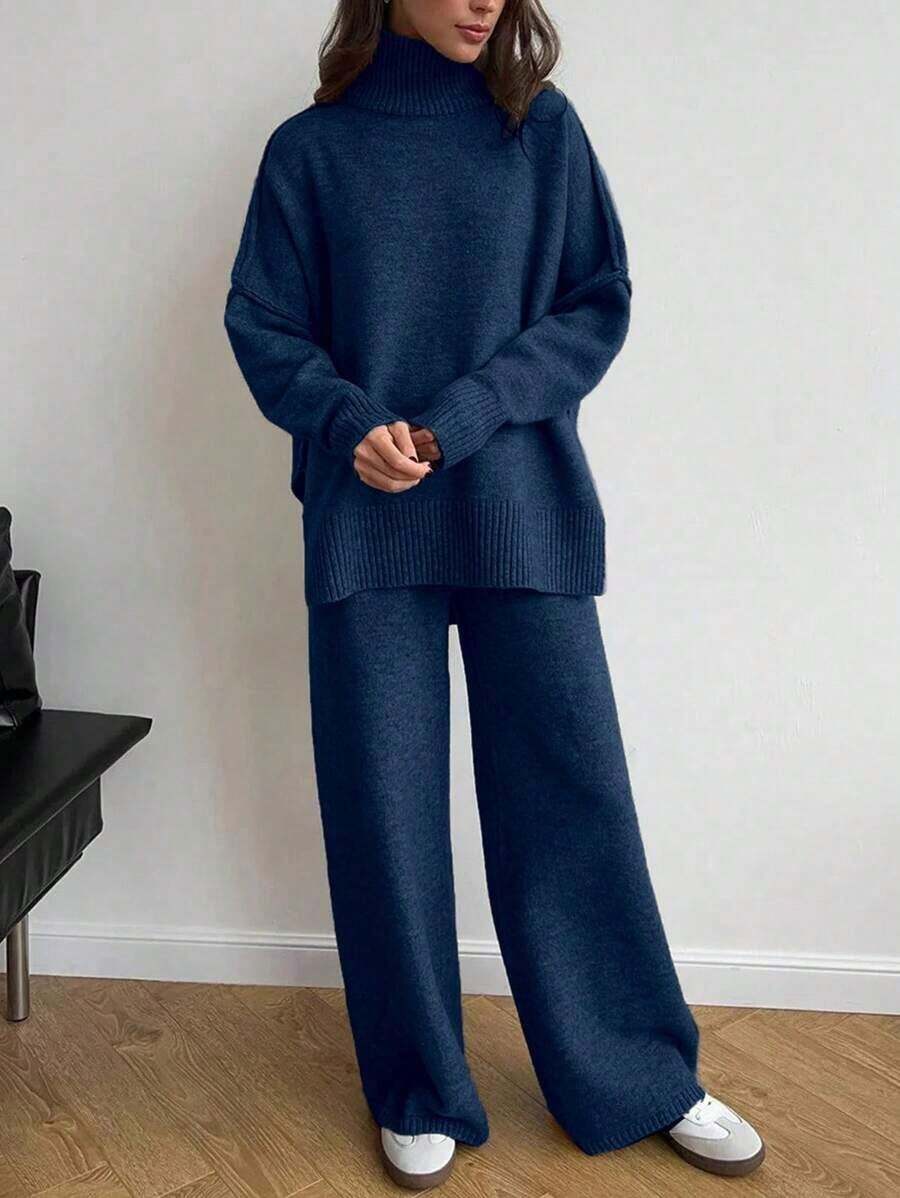 2 piezas Conjunto de suéter de manga larga de hombro caído con cuello alto sólido y pantalones anchos de punto para mujer, otoño/invierno - Azul marino - Ver 1