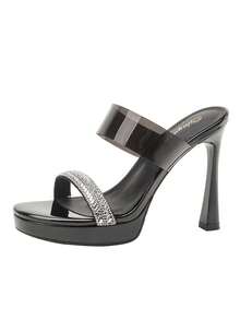 Qiluyuan Sandalias deslizantes de moda para mujer, nuevas sandalias de verano de lujo francés con cristales, plataforma gruesa, tacón alto, punta abierta, adecuadas para fiestas y citas casuales - Negro - Ver 15