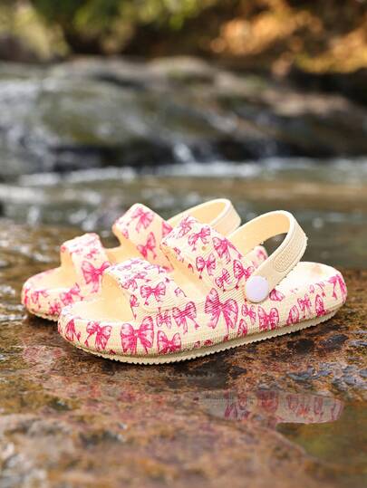 1 Pair Spring/Summer New Baby Girls' Comfortable Casual Lightweight Breathable Cute Bow Print Indoor/Outdoor Beach Versatile Waterproof EVA Foam Slippers