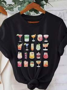 Retro GraphicWomen'S Graphic Printed Short-Sleeve T-Shirt - Casual Tee Featuring A Cocktail Design, Machine Washable,Camisetas populares de  para uso diario,Ropa de verano, ropa para niños y niñas,camisetas de apoyo para el Mundial,Camisetas del Mundial 2026,Camisetas estampadas,Camisetas estampadas, - Negro - Ver 1