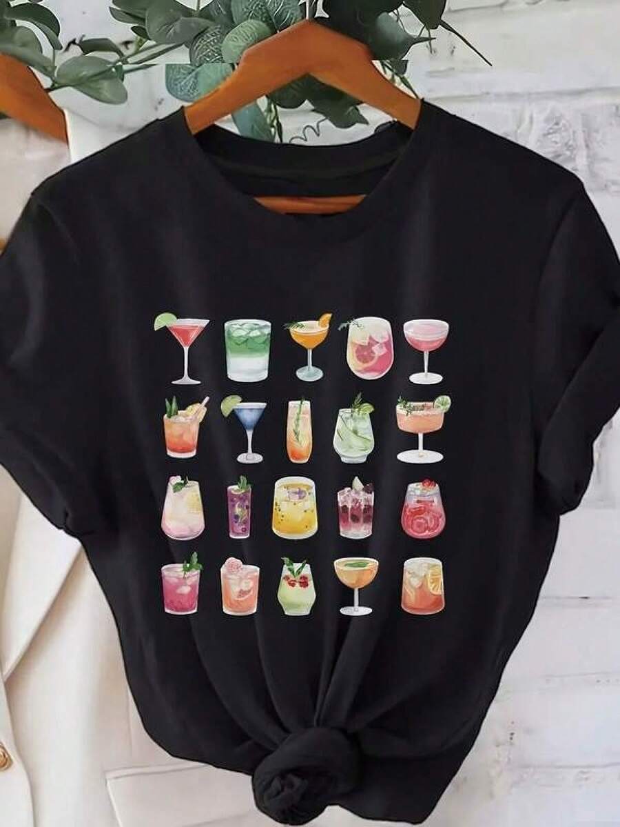 Retro GraphicWomen'S Graphic Printed Short-Sleeve T-Shirt - Casual Tee Featuring A Cocktail Design, Machine Washable,Camisetas populares de  para uso diario,Ropa de verano, ropa para niños y niñas,camisetas de apoyo para el Mundial,Camisetas del Mundial 2026,Camisetas estampadas,Camisetas estampadas, - Negro - Ver 1