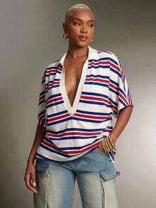 Top Polo a Rayas de Cuello Profundo y Talla Grande, Prendas de Moda - Azul - Ver 11