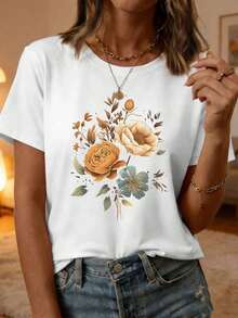 Camiseta Casual de Cuello Redondo para Mujer, Tallas S-5XL, Estampada con Ilustraciones Botánicas de Flores Silvestres, Manga Corta, Versátil para Viajes, Vacaciones y Uso Diario, Varios Colores Disponibles - Blanco - Ver 6