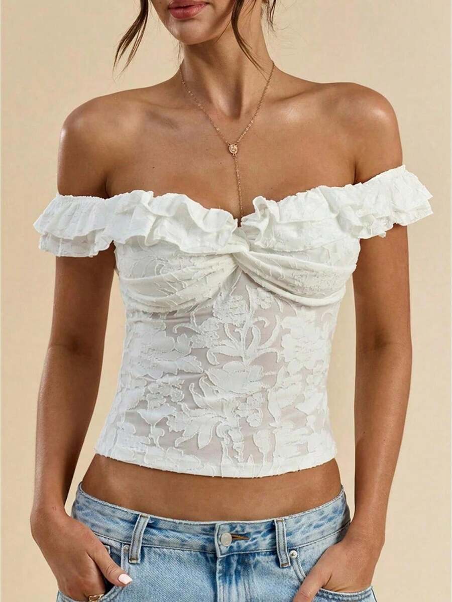 Women Summer Coquette Off Shoulder Ruffle Lace Crop Top Twist Front Short Sleeve Blouse - White - View 1