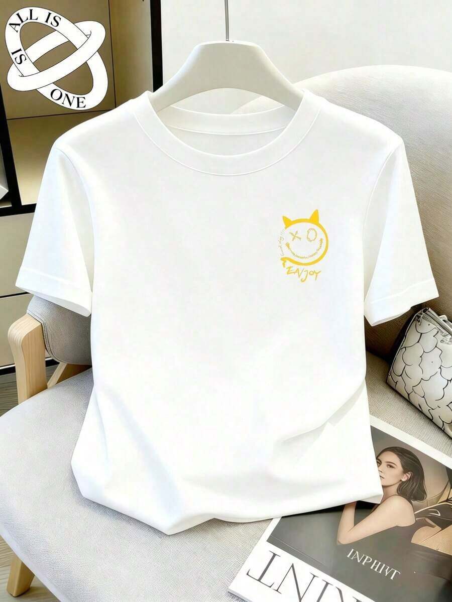 Fashion Printed T-Shirts For Women, Oversized Streetwear Tops, Comfortable And Stylish All-Match Summer TeesIS ONE Pure Cotton Unisex Oversized Loose T-Shirt With American Style Devil Face Print, Short Sleeve For Sport And Fitness - 白色 - 查看 1