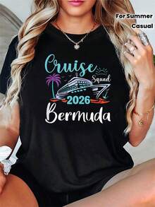 Camiseta de algodón puro para mujer, con estampado de texto "Cruise Squad 2026 Bermuda", cuello redondo, manga corta, para primavera/verano, regalo informal para compras y vacaciones, ideal para reuniones de amigos y vacaciones. - Negro - Ver 1