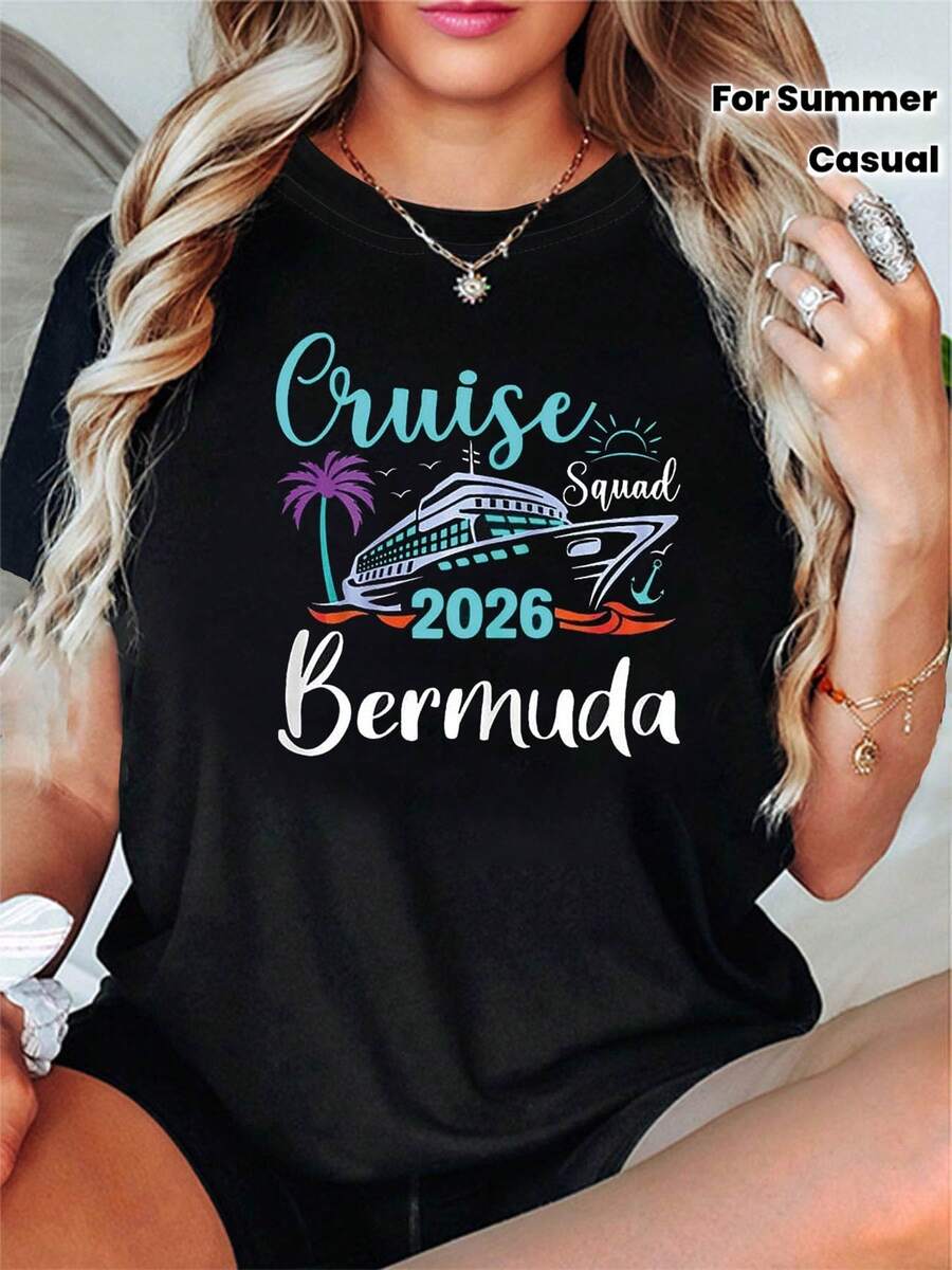 Camiseta de algodón puro para mujer, con estampado de texto "Cruise Squad 2026 Bermuda", cuello redondo, manga corta, para primavera/verano, regalo informal para compras y vacaciones, ideal para reuniones de amigos y vacaciones. - Negro - Ver 1