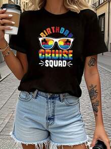 Camiseta de algodón puro para mujer, estilo vacacional con estampado de texto "BIRTHDAY CRUISE SQUAD", camiseta de manga corta con cuello redondo para primavera/verano, adecuada para compras informales, regalos de vacaciones, reuniones de amigos, fiestas de música y ropa de vacaciones. - Negro - Ver 1