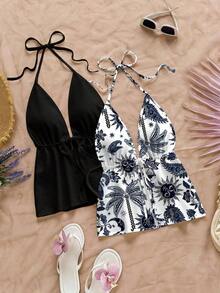 2 piezas Conjunto de top sin espalda con cuello halter y estampado floral de contraste de color, adecuado para verano, salidas, fiestas, bodas, cumpleaños, elegante - Multicolor 10 - Ver 7
