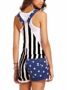 Women's American Flag Overalls Jean Shorts Cotton Summer Rompers 4th Of July Patriotic Jumpsuit Outfit Casual Adjustable Bibs Denim Overalls Color Block Stripe Star Print Suspender Shorts With Pockets Independence Day Outfit - Azul - Ver 2