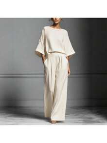 Conjunto de lino con mangas campana, estilo elegante y moderno, nueva colección primavera-verano 2026 para mujer - lechoso - Ver 2