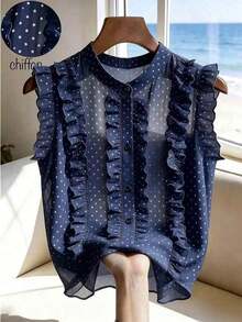 Blusa de mujer de gasa negra con lunares, elegante y romántica con volantes en el bajo - Azul marino - Ver 5