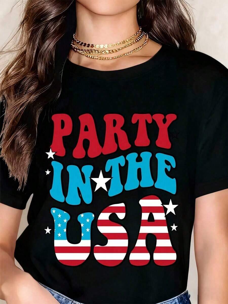 Fashionable Women's Camisole With A Loose Fit, Round Neck, And Short Sleeves, Featuring A Graphic Print Of The American Flag, Ideal For Independence Day Celebrations And Summer Events. Breathable And Comfortable. - 黑色 - 查看 1