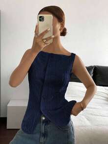 Camisa ajustada sin mangas de mujer con estampado de lunares - Azul marino - Ver 6