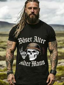 Svart herr-t-shirt med dödskalle- och hattdesign och texten Boser Alter Alter Mann för avslappnad utomhusbruk, storlek, lös och bekväm. - Svart - Visa 6