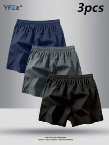3pcs Plus Size Men's Summer Casual Solid Color Loose Fit Shorts With Side Zipper Pockets, Soft & Comfortable For Outdoor Activities - Black - View 2