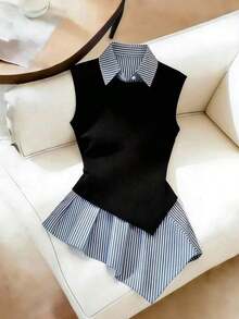 Camisa casual de mujer a rayas de moda en color negro, de corte slim y favorecedora - Negro - Ver 7