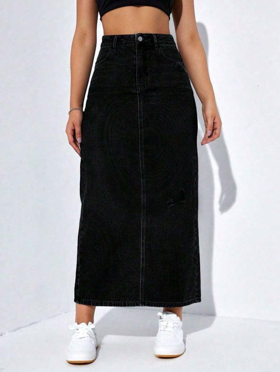 Falda larga de mezclilla desgastada para mujer - Negro - Ver 1