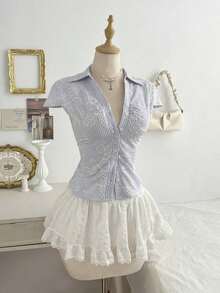 Camisa casual de manga corta con capucha, cintura ajustada con lazo delantero - Azul - Ver 6