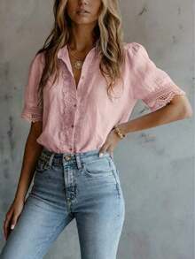 Blusa elegante de mujer con unicolor, bordado y parches de encaje, versátil para el hogar, uso diario y todas las estaciones, rosa de verano - Rosa - Ver 4
