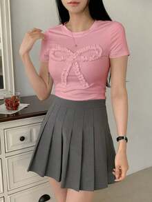 Camiseta casual de verano para mujer con volantes y decorativa con lazo, crop tops para mujer, camisetas gráficas - Rosa Pálido - Ver 5