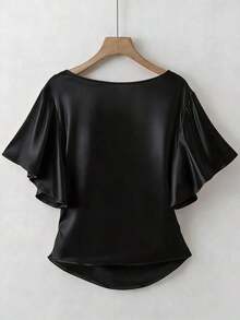 Blusa de satén elegante, blusa de manga corta, blusa de cuello en V, blusa de uso diario - Negro - Ver 2
