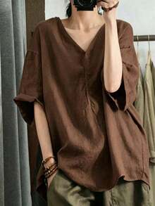 Cárdigan de manga corta con cuello en V y hombros caídos de unicolor, camisa de verano - Marrón - Ver 5