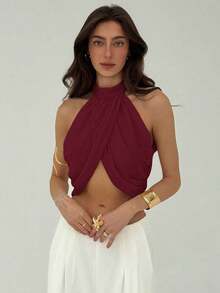 Blusa elegante y sexy para mujer con cuello cruzado, fruncido en la espalda y botones, de estilo casual y de vacaciones, de gasa - Burdeos - Ver 9