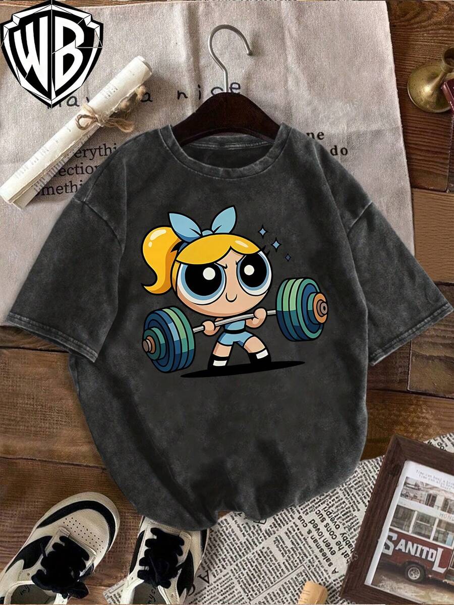 Camiseta de Cuello Redondo Lavable con Estampado de la Serie "Powerpuff" Estilo Levantamiento de Pesas, Diseño de Primavera y Verano, Estilo Casual de Calle, Unisex para Hombres y Mujeres, Corte Holgado - Negro - Ver 1