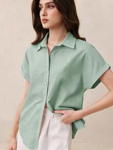 Nueva llegada Camisa casual de manga corta con botones delanteros de unicolor, adecuada para uso diario, primavera/verano - Verde - Ver 5
