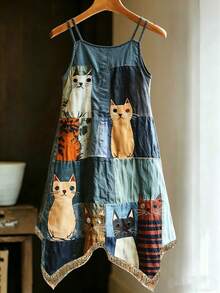Contrast Color Patchwork Cat Print Asymmetric Hem Dress, Vacation Elegant Summer - Multicolor - View 2