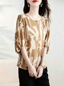 1 pieza Blusa elegante y casual minimalista de mujer con cuello redondo y manga media, con estampado, adecuada para uso diario y vacaciones, primavera/verano/otoño - Color albaricoque intenso - Ver 3