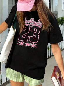 Women's Casual Short Sleeve Round Neck Drop Shoulder Black Knit Graphic T-Shirt With Los Angeles 23 Print HNUI - 黑色 - 查看 3