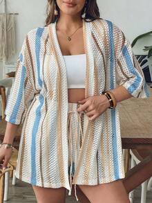 VCAY Conjunto de 2 piezas de camisa y shorts a rayas azules y blancas para mujer de talla grande, ropa de verano para vacaciones en la piscina, estilo boho chic, ropa de mujer, conjuntos para brunch, ropa para el aeropuerto, ropa para vacaciones en la playa, ropa para escapadas urbanas, ropa de vacaciones, ropa occidental para mujer, ropa occidental para mujer, conjuntos de verano europeos para vacaciones en la isla, conjuntos para luna de miel, conjuntos de estilo Old Money South Beach, conjuntos de la  de Amalfi, conjuntos de encaje, top de encaje. - Multicolor 3 - Ver 10