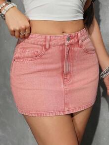 Minifalda vaquera casual de uso diario para mujer con bolsillos y botones - Rosa Pálido - Ver 4