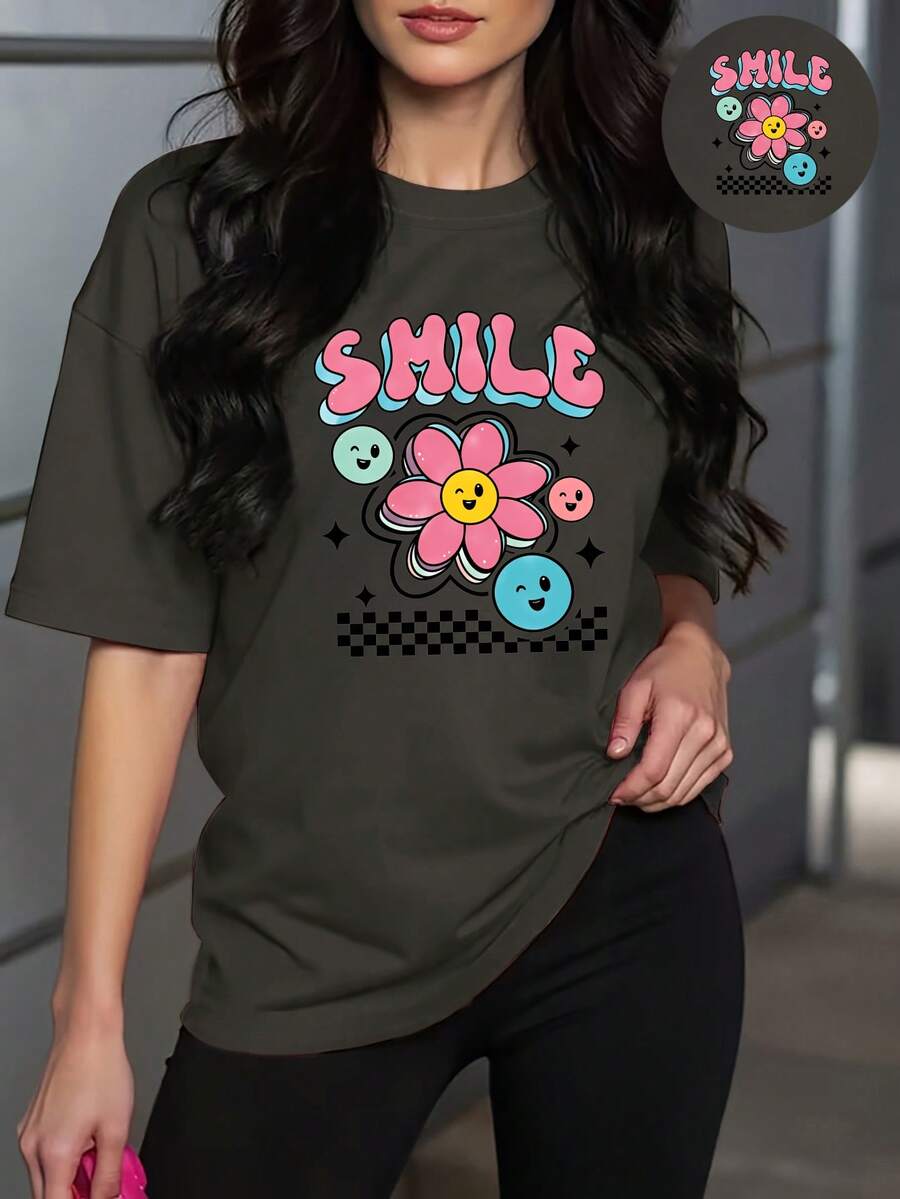 Camiseta de verano nueva para mujer, de manga corta y cuello redondo, con estampado de moda de cara sonriente SMILE y patrón floral, estilo casual y versátil