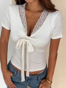 Camiseta de manga corta de unicolor casual para mujer, verano - Blanco 3 - Ver 2