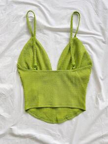 Camiseta sin mangas de punto rojo con escote en V y espalda cruzada, adecuada para citas, estilo bohemio, vacaciones, otoño, ropa de mujer, vintage, días festivos - Verde - Ver 2