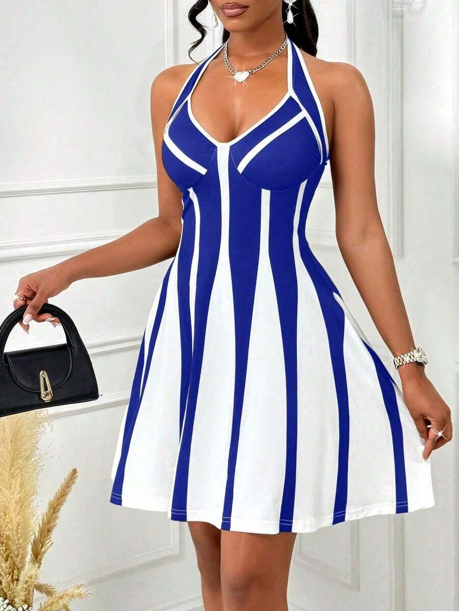 AIJ Vestido mini elegante de línea A sin espalda con contraste blanco y negro (estampado de colocación) para mujer de Amarilo - azul real - Ver 1