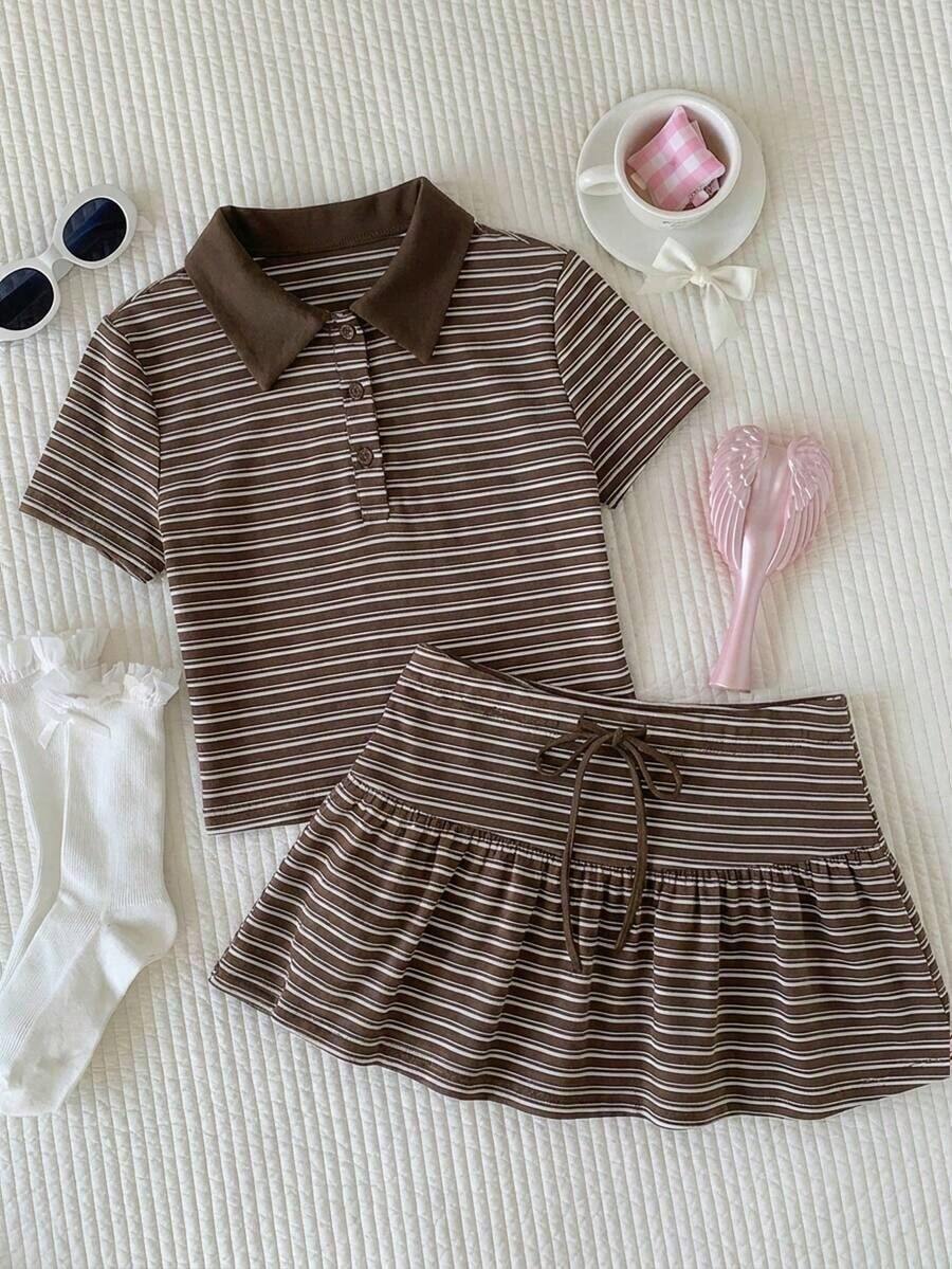 Conjunto de 2 piezas de camiseta de manga corta a rayas y minifalda de moda casual para mujer, primavera/verano 2026.Ropa de mujer de verano, conjunto de playa para el Día de San Valentín, estilo Y2K en color rosa claro - Marrón - Ver 1